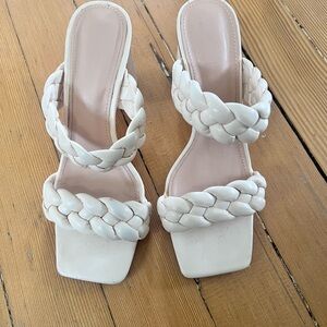 Cream Sandals with Braided Straps and Square Toe Design